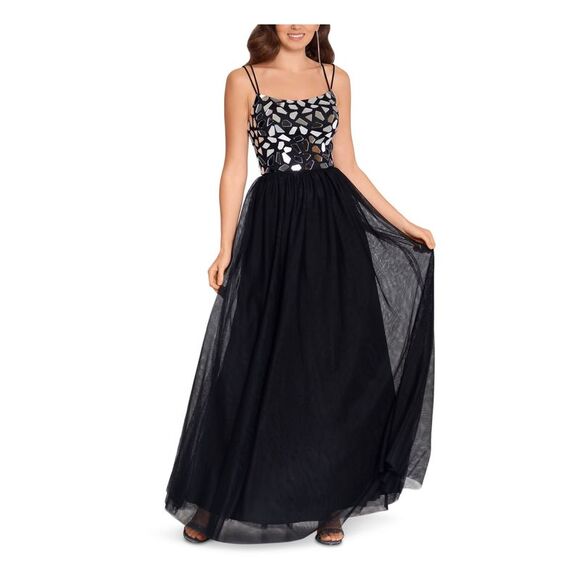 BLONDIE Womens Black Spaghetti Strap Full-Length Formal Fit + Flare Dress 5 - Picture 3 of 4